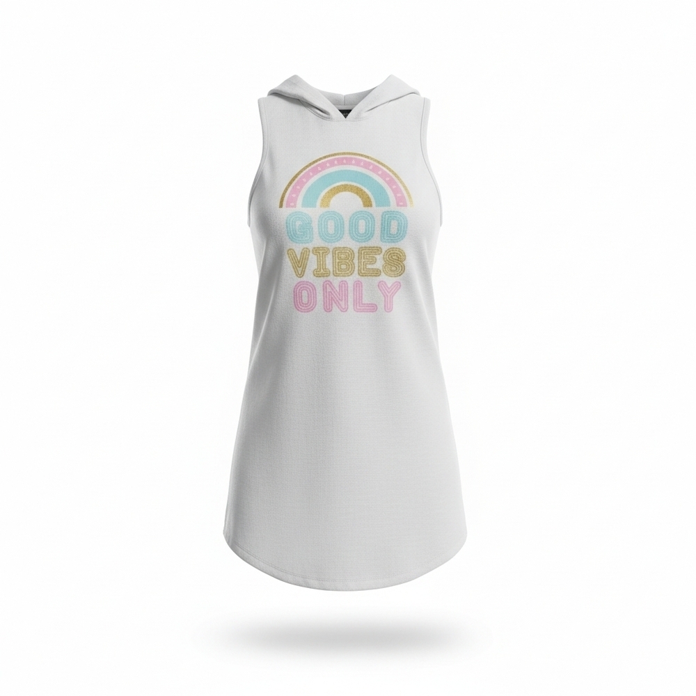 Miken Mermaida Sleeveless White Swimsuit Coverup w/ Rainbow Print & Hood 7/8 EUC